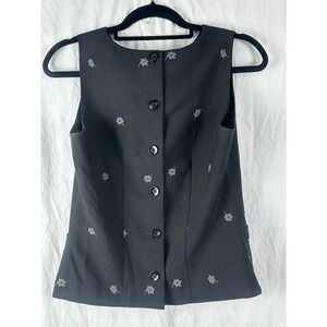 Lisa Jo Women's Black Round Neck Button Up Vest flowers vintage‎ 90's